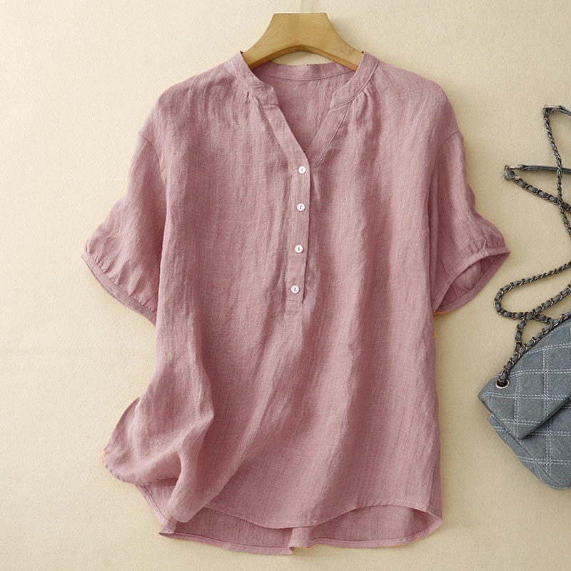 Lightweight Linen Blouse with Adjustable V-Neck and Rolled Sleeves