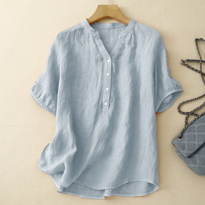 Lightweight Linen Blouse with Adjustable V-Neck and Rolled Sleeves