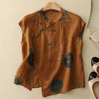 Sleeveless Linen Blouse with Mandarin Collar and Floral Print