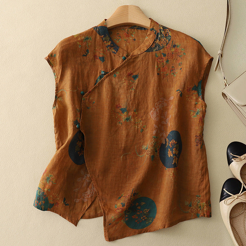 Sleeveless Linen Blouse with Mandarin Collar and Floral Print