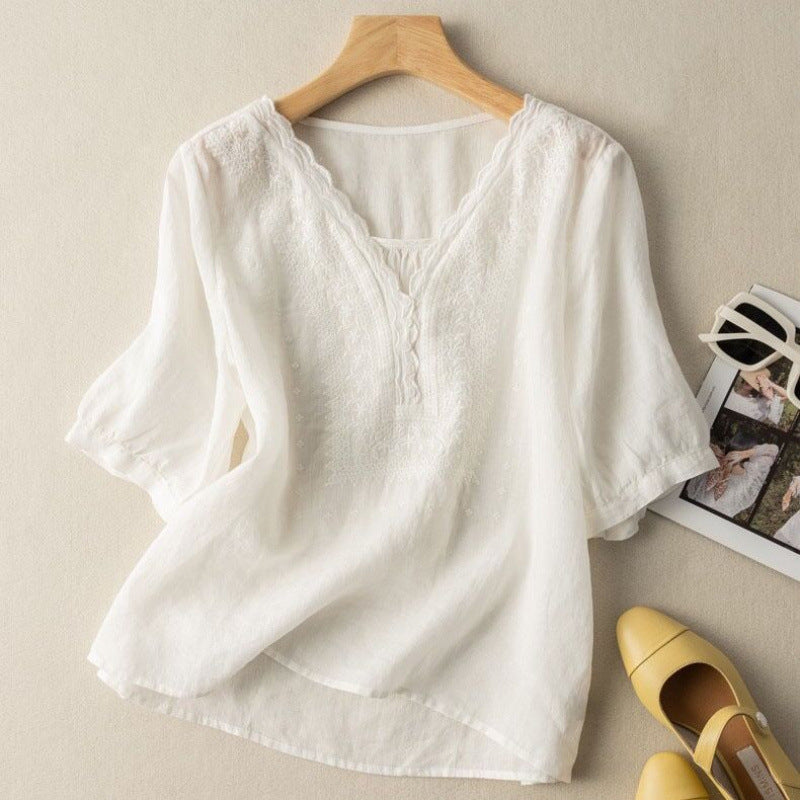 Lightweight Linen Blouse with Scalloped Embroidery and Button Detail