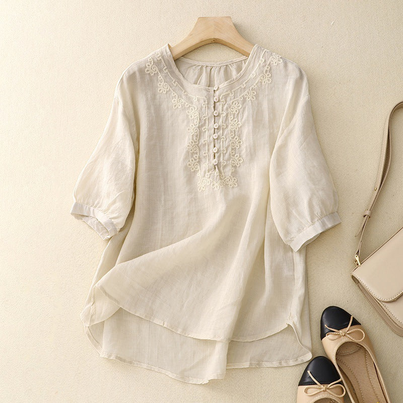 Mid-Sleeve Linen Blouse with Tonal Embroidery and Button Accents
