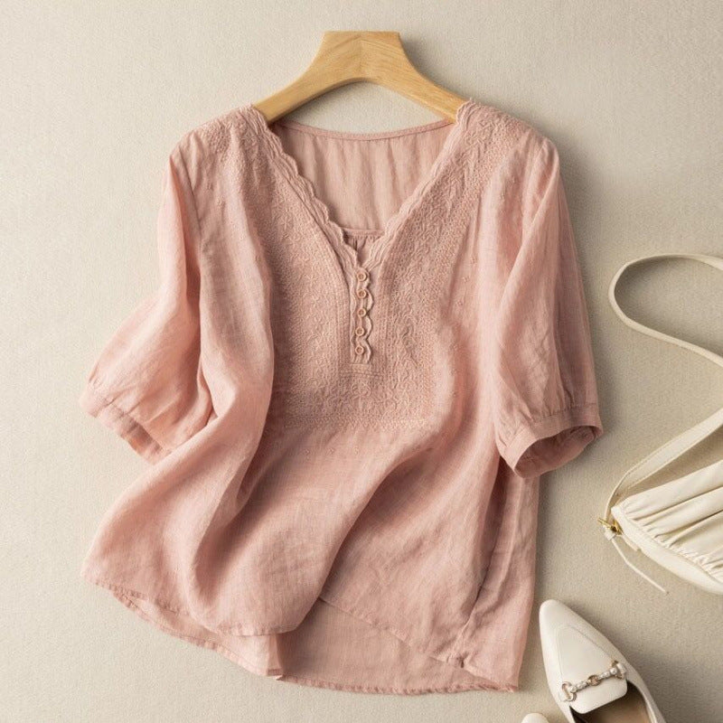 Lightweight Linen Blouse with Scalloped Embroidery and Button Detail
