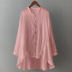 Breathable Linen Cardigan with Flowing Hem and Contrast Buttons for Autumn
