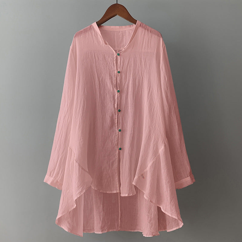 Breathable Linen Cardigan with Flowing Hem and Contrast Buttons for Autumn