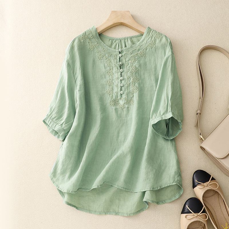 Mid-Sleeve Linen Blouse with Tonal Embroidery and Button Accents