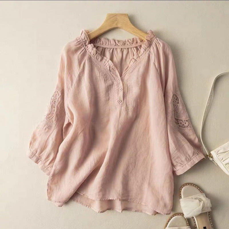 Lightweight Linen Dress with Floral Embroidery and Sheer Mesh Accents