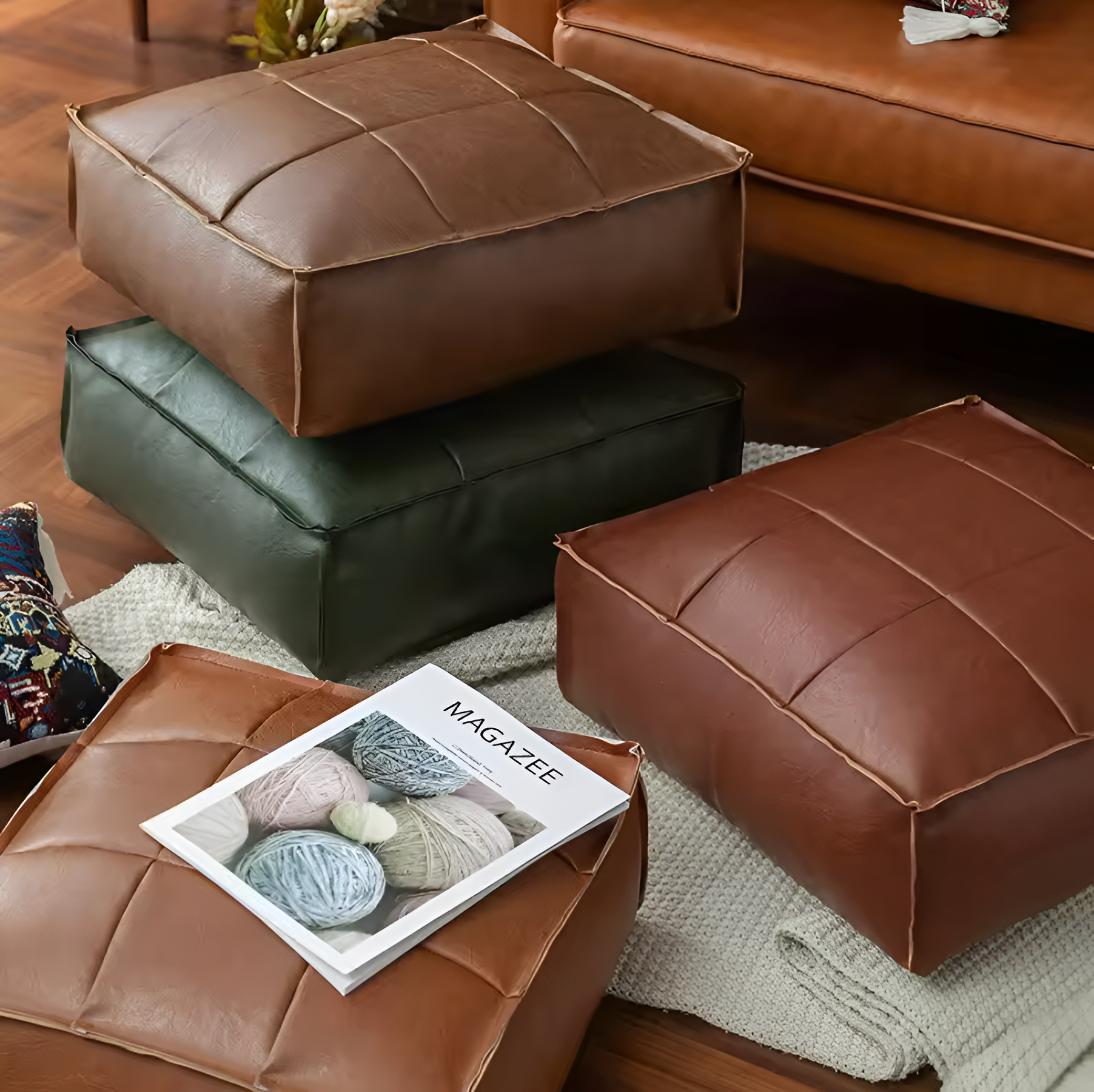 Moroccan Faux Leather Pouf Floor Cushion with Stitched Grid Design – Versatile Accent for Modern and Cozy Spaces 2
