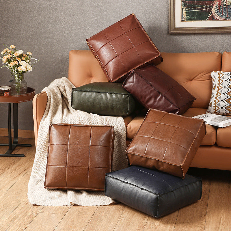 Moroccan Faux Leather Pouf Floor Cushion with Stitched Grid Design – Versatile Accent for Modern and Cozy Spaces 3