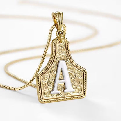 Rancher Initial Necklace | Engraved Metal Cattle Tag, Rustic Elegance 0
