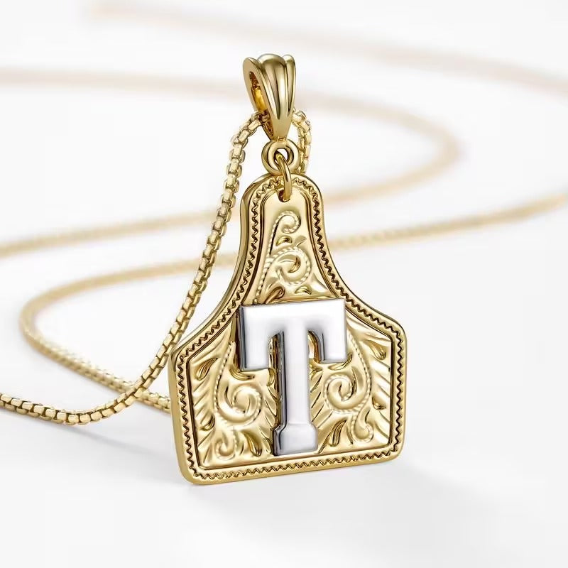 Rancher Initial Necklace | Engraved Metal Cattle Tag, Rustic Elegance 13