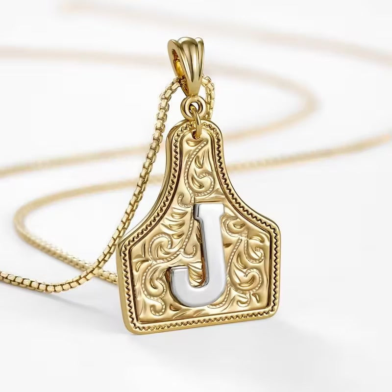 Rancher Initial Necklace | Engraved Metal Cattle Tag, Rustic Elegance 15