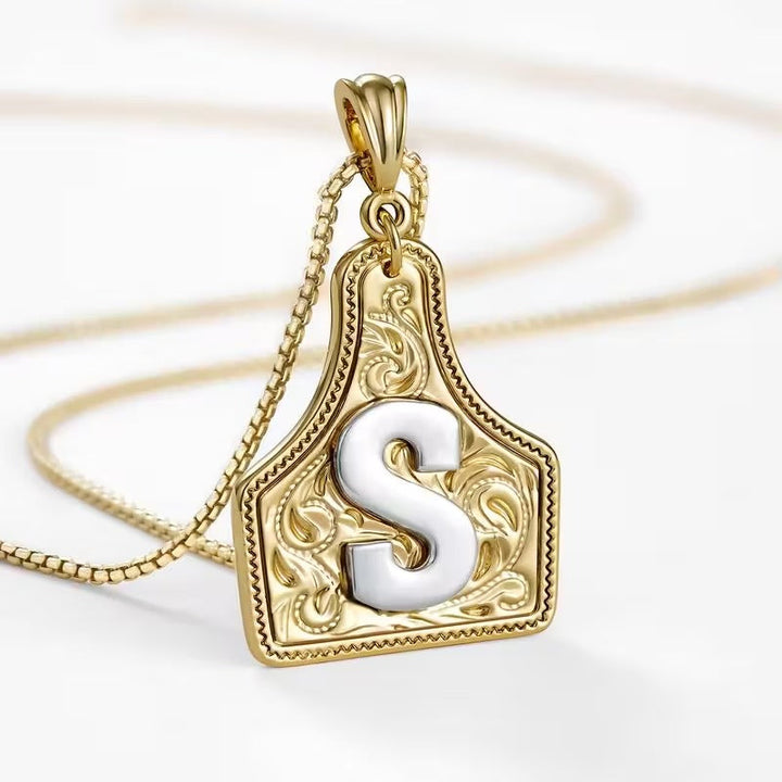 Rancher Initial Necklace | Engraved Metal Cattle Tag, Rustic Elegance 19