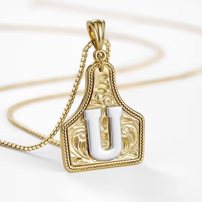 Rancher Initial Necklace | Engraved Metal Cattle Tag, Rustic Elegance 23
