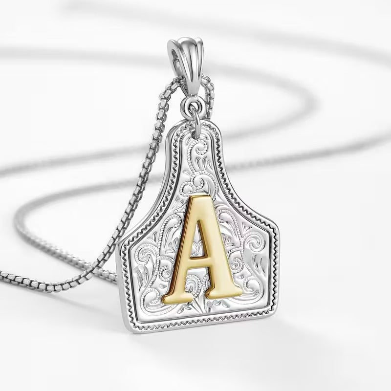 Rancher Initial Necklace | Engraved Metal Cattle Tag, Rustic Elegance 24
