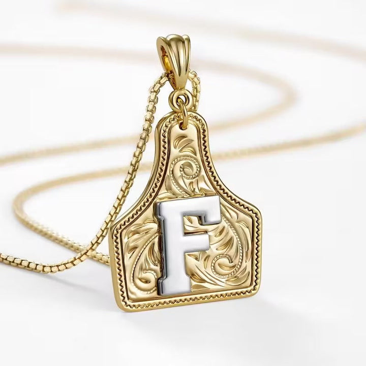 Rancher Initial Necklace | Engraved Metal Cattle Tag, Rustic Elegance 25