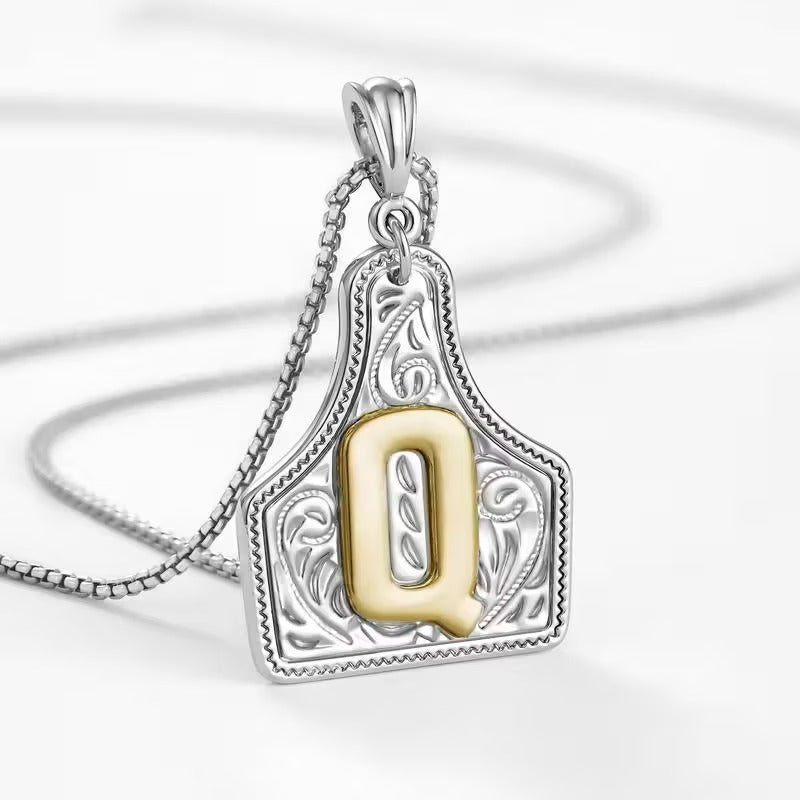Rancher Initial Necklace | Engraved Metal Cattle Tag, Rustic Elegance 26