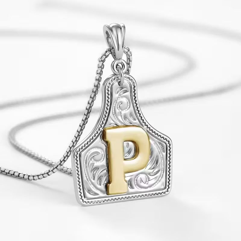 Rancher Initial Necklace | Engraved Metal Cattle Tag, Rustic Elegance 30