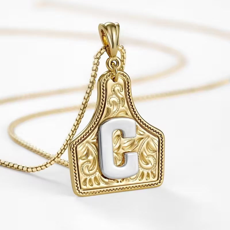 Rancher Initial Necklace | Engraved Metal Cattle Tag, Rustic Elegance 32