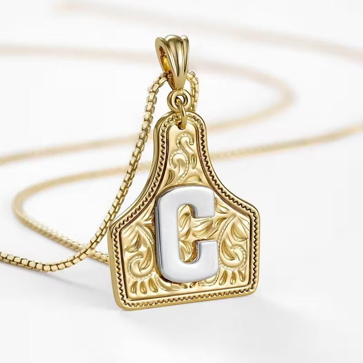 Rancher Initial Necklace | Engraved Metal Cattle Tag, Rustic Elegance 32