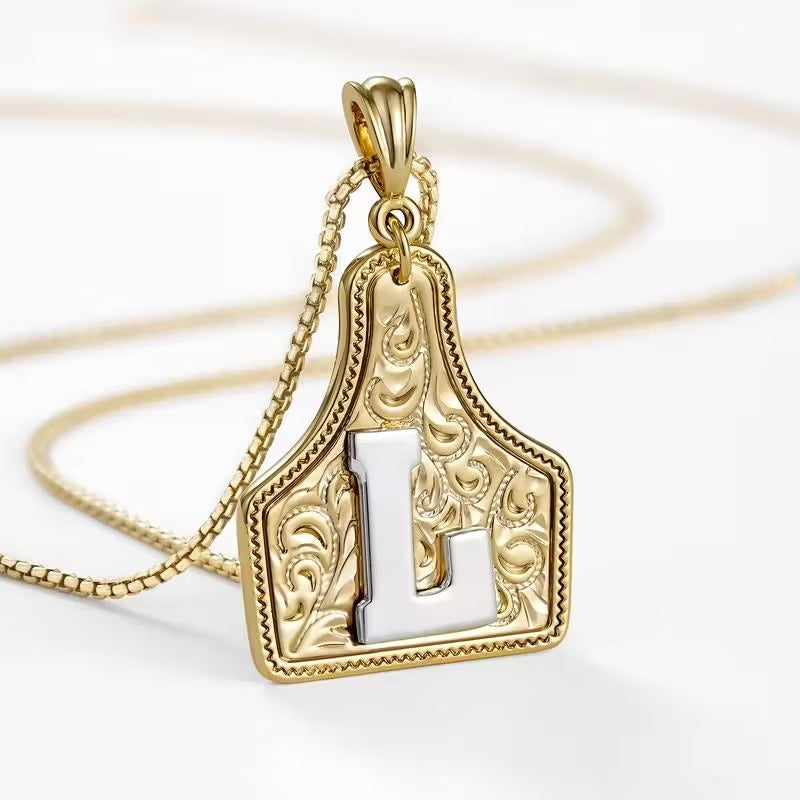 Rancher Initial Necklace | Engraved Metal Cattle Tag, Rustic Elegance 35