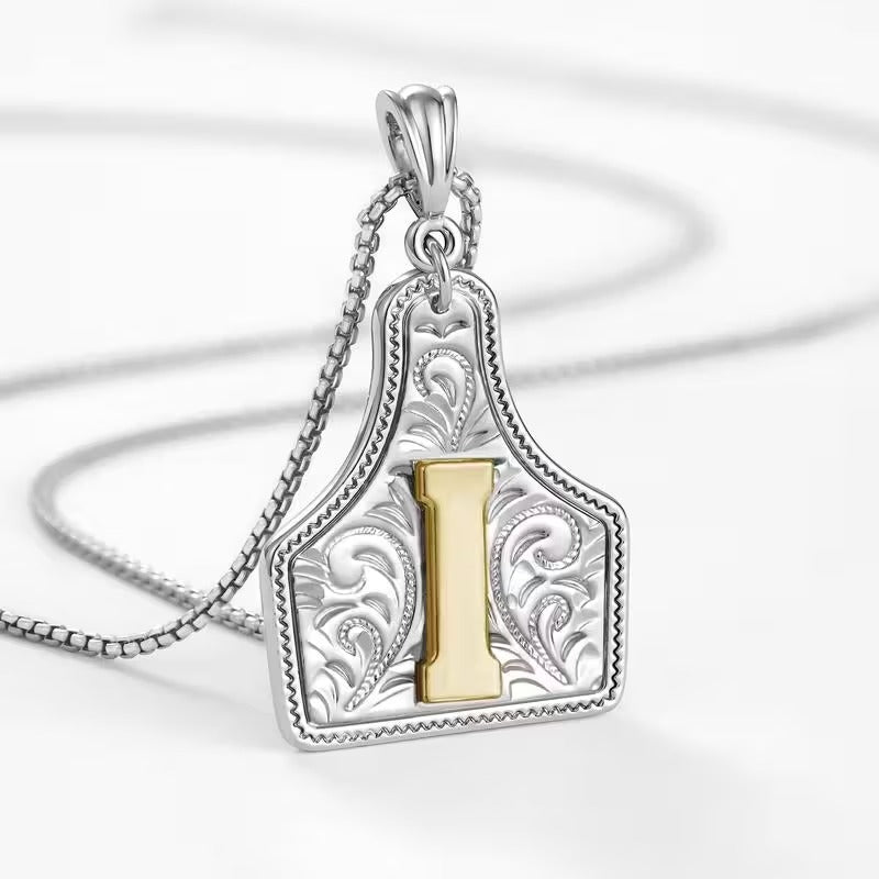 Rancher Initial Necklace | Engraved Metal Cattle Tag, Rustic Elegance 38