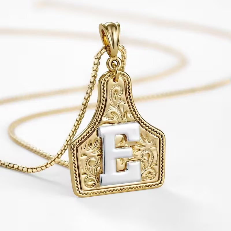 Rancher Initial Necklace | Engraved Metal Cattle Tag, Rustic Elegance 39