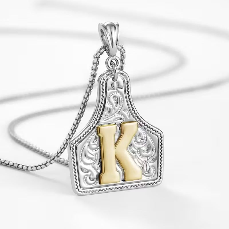 Rancher Initial Necklace | Engraved Metal Cattle Tag, Rustic Elegance 41