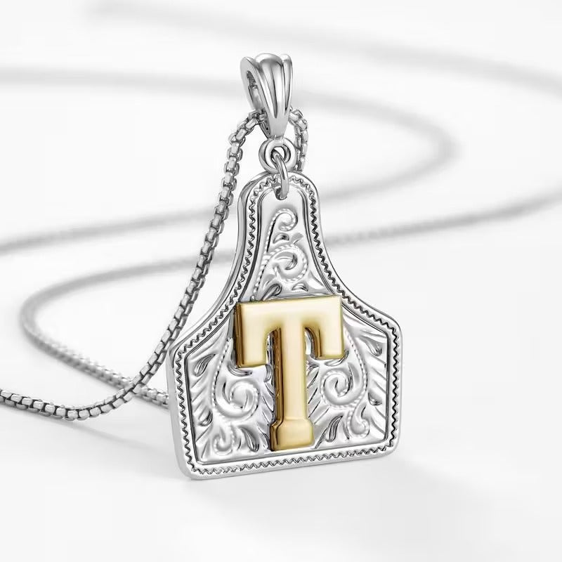 Rancher Initial Necklace | Engraved Metal Cattle Tag, Rustic Elegance 42