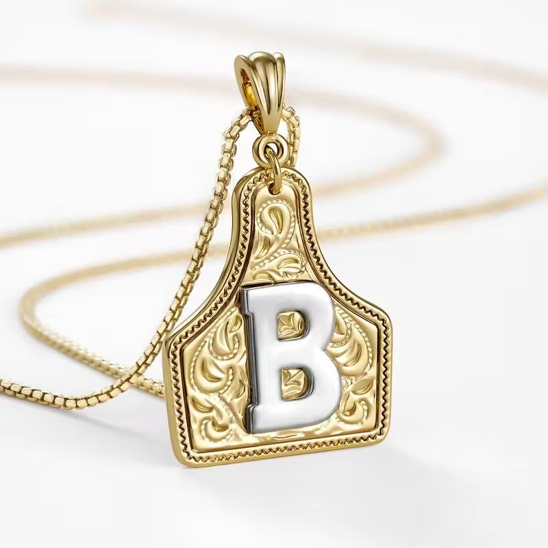 Rancher Initial Necklace | Engraved Metal Cattle Tag, Rustic Elegance 44