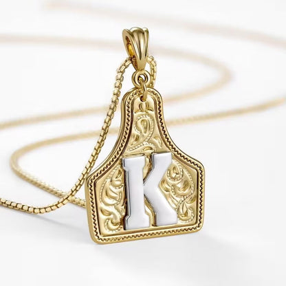 Rancher Initial Necklace | Engraved Metal Cattle Tag, Rustic Elegance 47