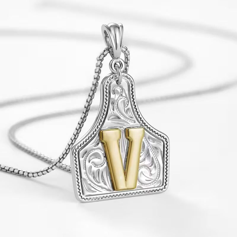 Rancher Initial Necklace | Engraved Metal Cattle Tag, Rustic Elegance 49