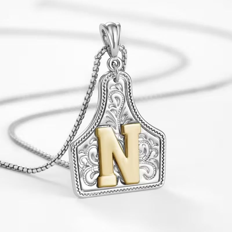Rancher Initial Necklace | Engraved Metal Cattle Tag, Rustic Elegance 50