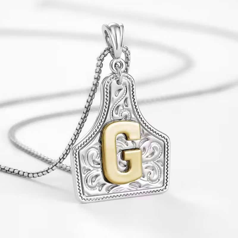 Rancher Initial Necklace | Engraved Metal Cattle Tag, Rustic Elegance 53