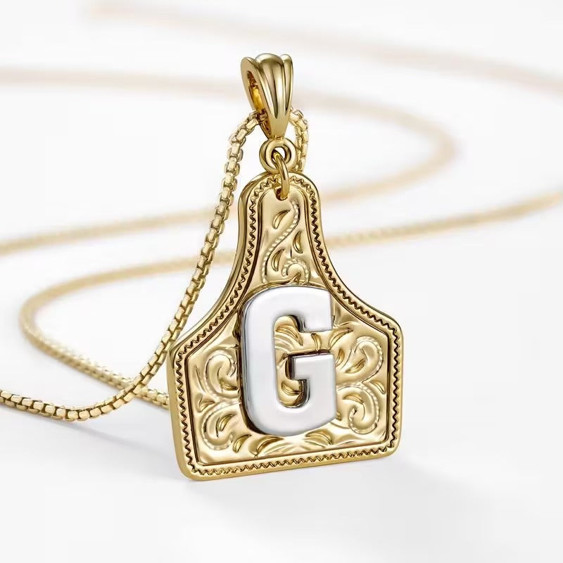 Rancher Initial Necklace | Engraved Metal Cattle Tag, Rustic Elegance 54
