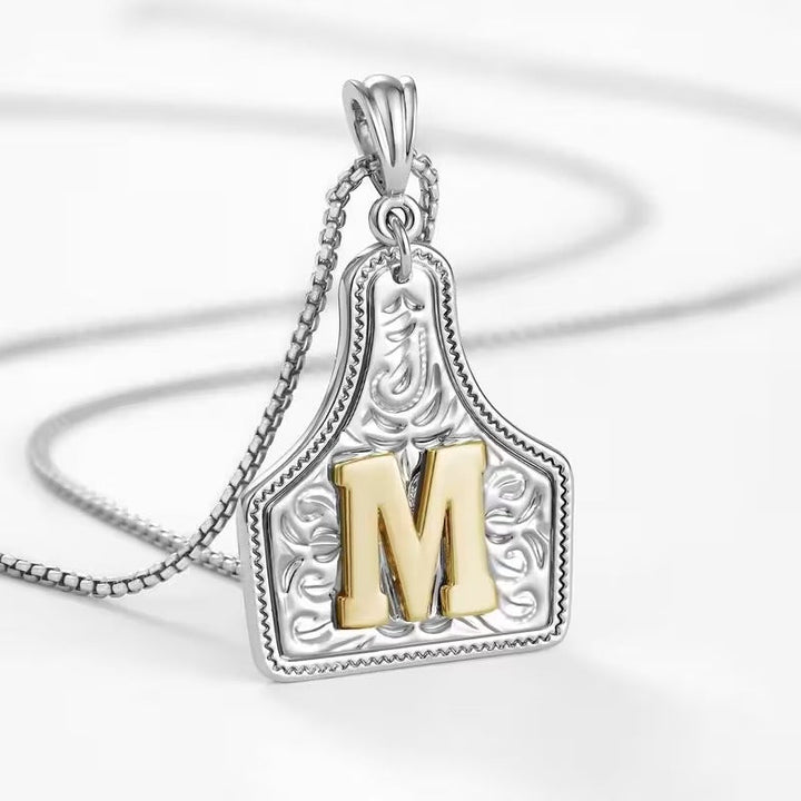 Rancher Initial Necklace | Engraved Metal Cattle Tag, Rustic Elegance 55