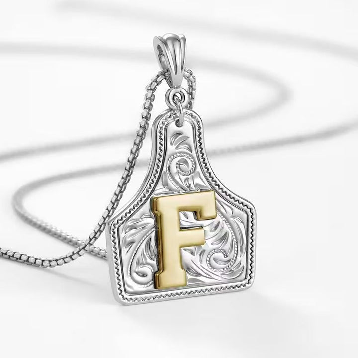 Rancher Initial Necklace | Engraved Metal Cattle Tag, Rustic Elegance 56