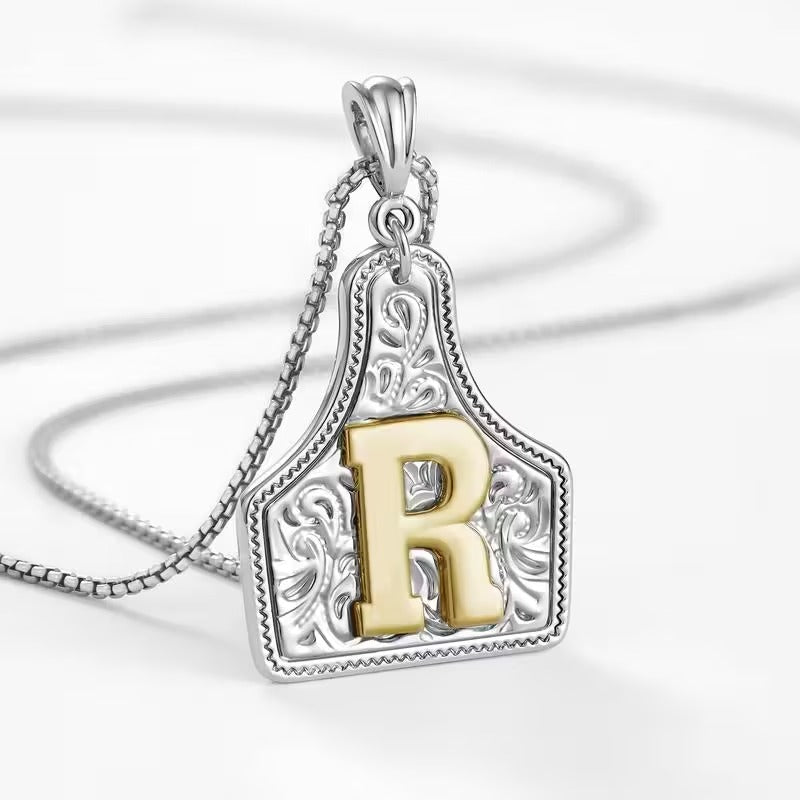 Rancher Initial Necklace | Engraved Metal Cattle Tag, Rustic Elegance 57