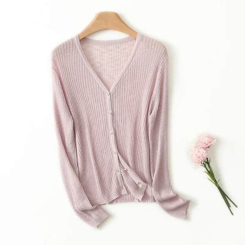 Lightweight Wool Cardigan with Soft Ribbed Texture and Tailored V-Neck