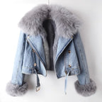Selvedge Denim Jacket with Plush Fox Fur Cuffs and Lining