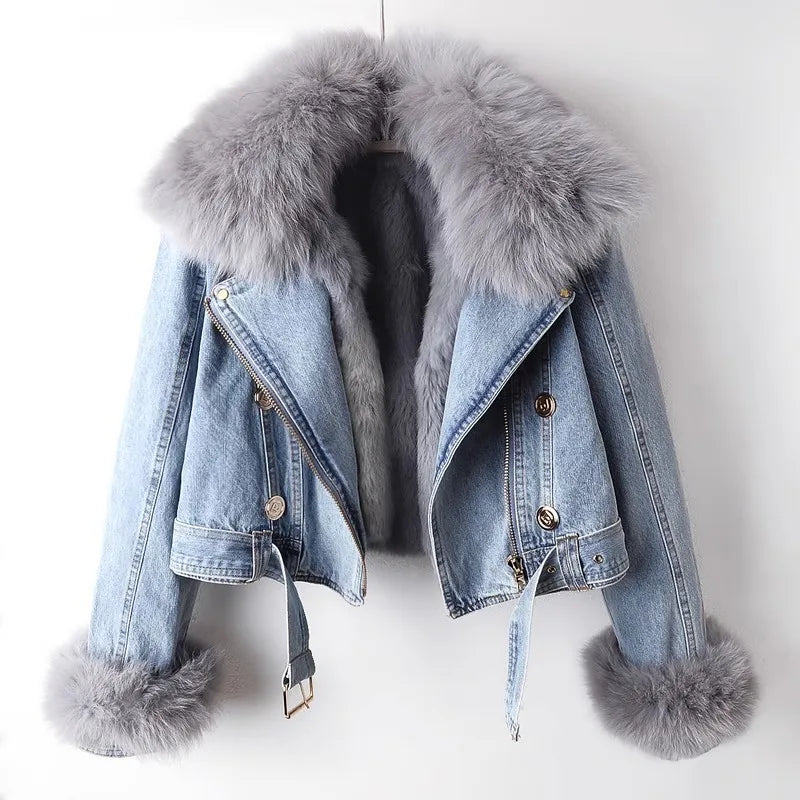 Selvedge Denim Jacket with Plush Fox Fur Cuffs and Lining