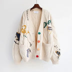 Soft Wool Blend Embroidered Cardigan with Bold Patchwork Design