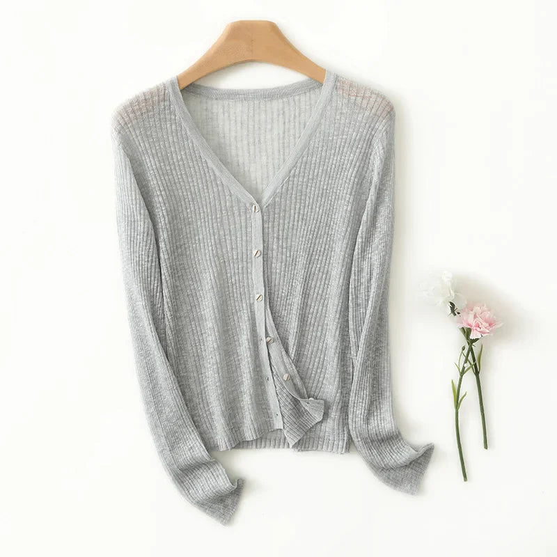 Lightweight Wool Cardigan with Soft Ribbed Texture and Tailored V-Neck
