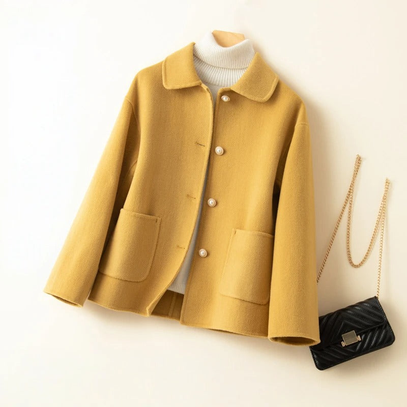 Short Cashmere Coat with Doll Collar and Front Pockets, Soft & Warm