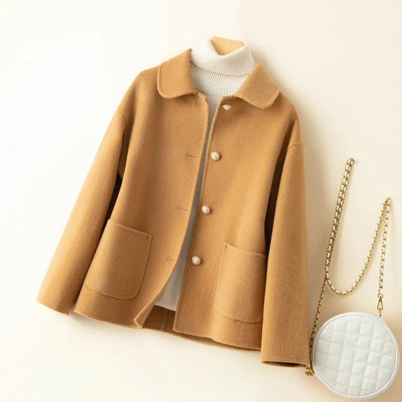 Short Cashmere Coat with Doll Collar and Front Pockets, Soft & Warm