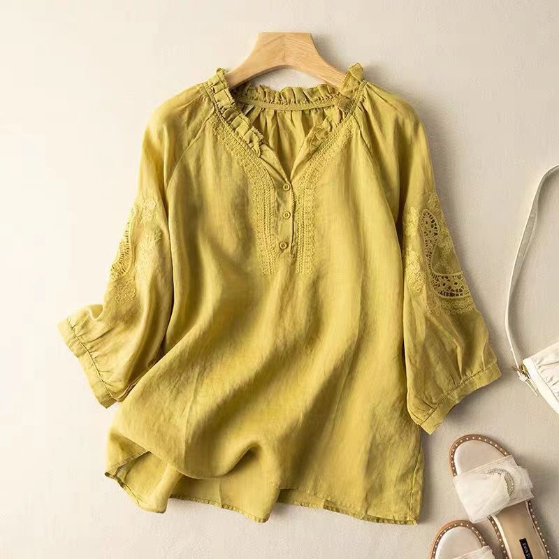 Lightweight Linen Dress with Floral Embroidery and Sheer Mesh Accents