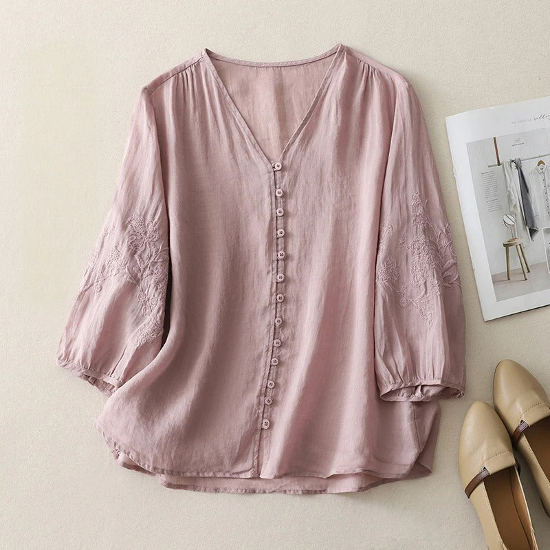 Women's Linen Blouse with Breathable Fabric and Embroidered Sleeves