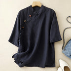 Women's Pure Linen Blouse with Side-Tied Buttons and Mandarin Collar