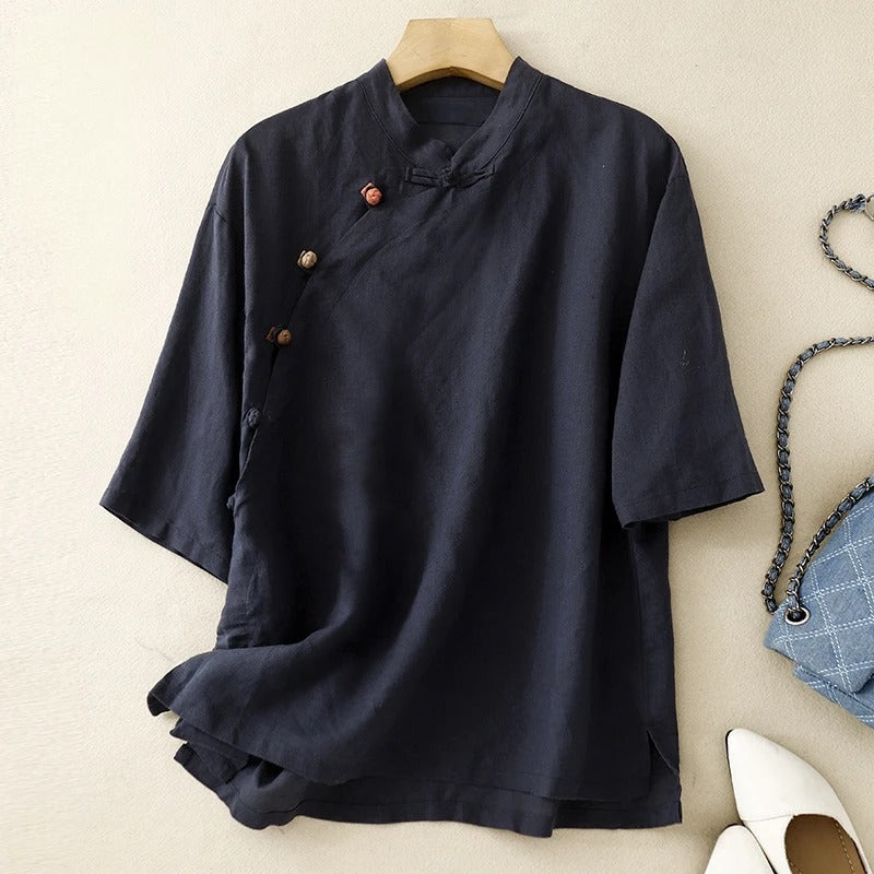 Women's Pure Linen Blouse with Side-Tied Buttons and Mandarin Collar
