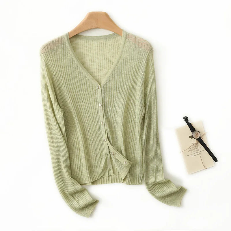 Lightweight Wool Cardigan with Soft Ribbed Texture and Tailored V-Neck